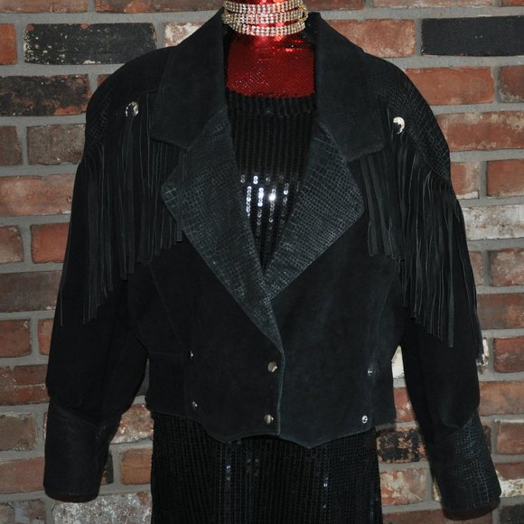 Vintage 80s Black Western Suede Leather With Fringe Jacket M - Picture 10 of 11